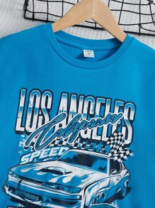 SHEIN Leap Crew Tween Girl Car & Letter Graphic Drop Shoulder Tee - Blue - View 3