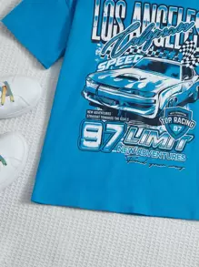 SHEIN Leap Crew Tween Girl Car & Letter Graphic Drop Shoulder Tee - Blue - View 4