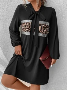 SHEIN LUNE Plus Leopard Panel Tie Neck Lantern Sleeve Dress - Black - View 1