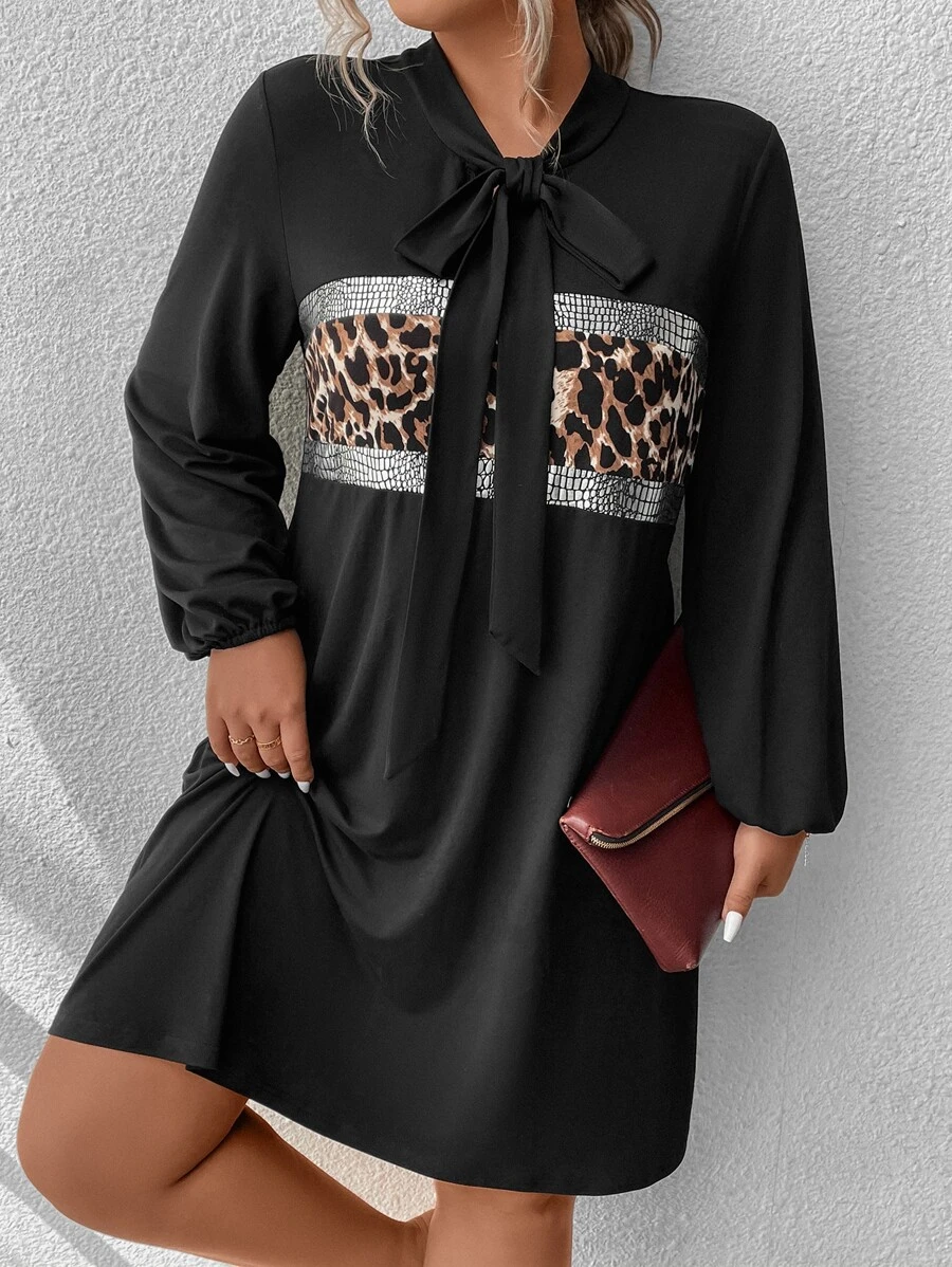 SHEIN LUNE Plus Leopard Panel Tie Neck Lantern Sleeve Dress - Black - View 1