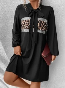 SHEIN LUNE Plus Leopard Panel Tie Neck Lantern Sleeve Dress - Black - View 3