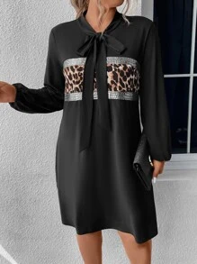 SHEIN LUNE Plus Leopard Panel Tie Neck Lantern Sleeve Dress - Black - View 4
