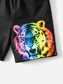 SHEIN 男孩老虎印花短褲 - 黑色 - 查看 3