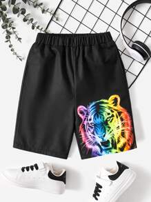 SHEIN 男孩老虎印花短褲 - 黑色 - 查看 5
