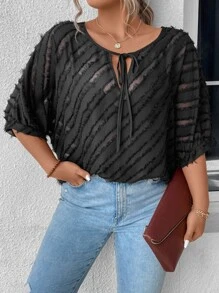 SHEIN LUNE Plus Tie Neck Fuzzy Blouse - Black - View 1