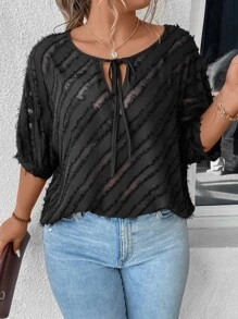 SHEIN LUNE Plus Tie Neck Fuzzy Blouse - Black - View 6