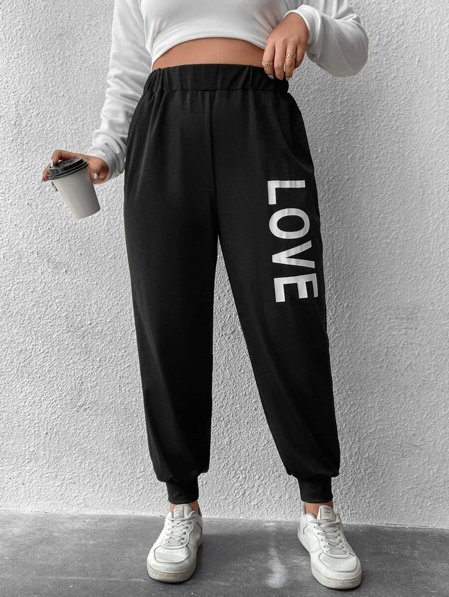 Flirla Plus Letter Graphic Elastic Waist Joggers - Black - View 1