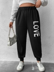 Flirla Plus Letter Graphic Elastic Waist Joggers - Black - View 3