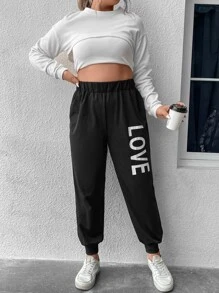 Flirla Plus Letter Graphic Elastic Waist Joggers - Black - View 5