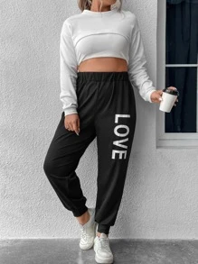 Flirla Plus Letter Graphic Elastic Waist Joggers - Black - View 7