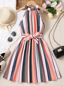 SHEIN 青少女方塊條紋雙肩頸連衣裙 - 彩色 - 查看 1