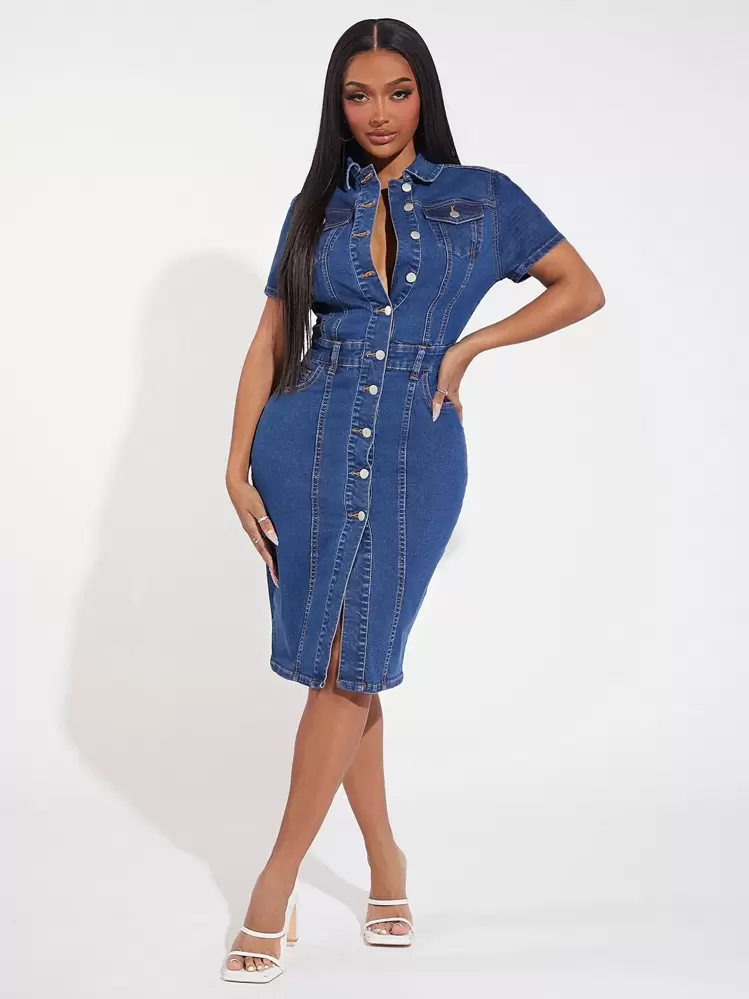 SHEIN SXY Flap Pocket Button Front Denim Dress | SHEIN USA