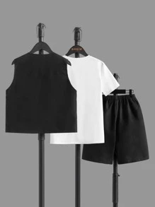 SHEIN 男孩標語圖案夾克背心和T恤和短褲 - 黑與白 - 查看 2