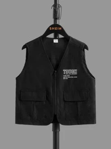 SHEIN 男孩標語圖案夾克背心和T恤和短褲 - 黑與白 - 查看 3