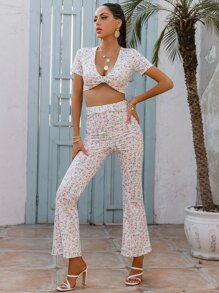 Glamaker Ditsy Floral Print Ruched Crop Top & Flare Leg Trousers - Multicolor - View 1