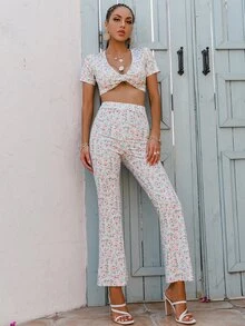 Glamaker Ditsy Floral Print Ruched Crop Top & Flare Leg Trousers - Multicolor - View 6