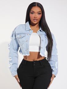 SHEIN SXY Ripped Raw Hem Crop Denim Jacket - Light Wash - View 1