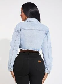 SHEIN SXY Ripped Raw Hem Crop Denim Jacket - Light Wash - View 2