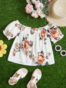 SHEIN Girls Floral Print Off Shoulder Puff Sleeve Blouse - Multicolor - View 1