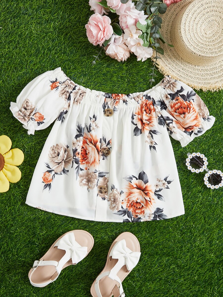 SHEIN Girls Floral Print Off Shoulder Puff Sleeve Blouse - Multicolor - View 1
