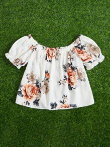 SHEIN Girls Floral Print Off Shoulder Puff Sleeve Blouse - Multicolor - View 2