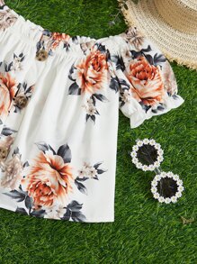 SHEIN Girls Floral Print Off Shoulder Puff Sleeve Blouse - Multicolor - View 3