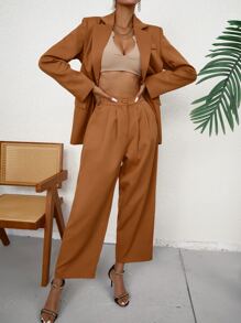 SHEIN Privé 1pc Lapel Neck Blazer & 1pc Suit Trousers - Camel - View 5