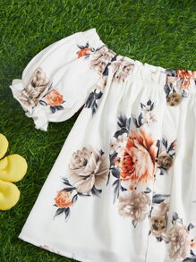 SHEIN Girls Floral Print Off Shoulder Puff Sleeve Blouse - Multicolor - View 4