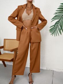 SHEIN Privé 1pc Lapel Neck Blazer & 1pc Suit Trousers - Camel - View 6