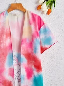 SHEIN 女孩紮染卡通圖案落肩袖和服罩衫