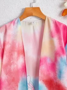 SHEIN 女孩紮染卡通圖案落肩袖和服罩衫