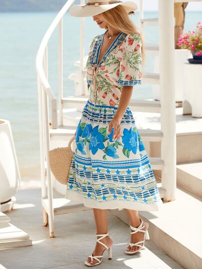 SHEIN VCAY 印花泡泡袖前繫帶連衣裙