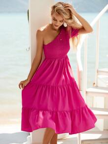 SHEIN VCAY Vestido de un hombro bajo con fruncido - Rosa Fucsia - Ver 1