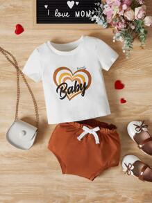 SHEIN Baby Heart & Letter Graphic Tee & Bow Front Shorts - Multicolor - View 1