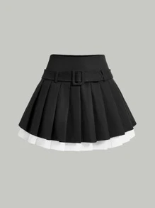 SHEIN MOD Two Tone Pleated Belted Skirt - Black - View 1