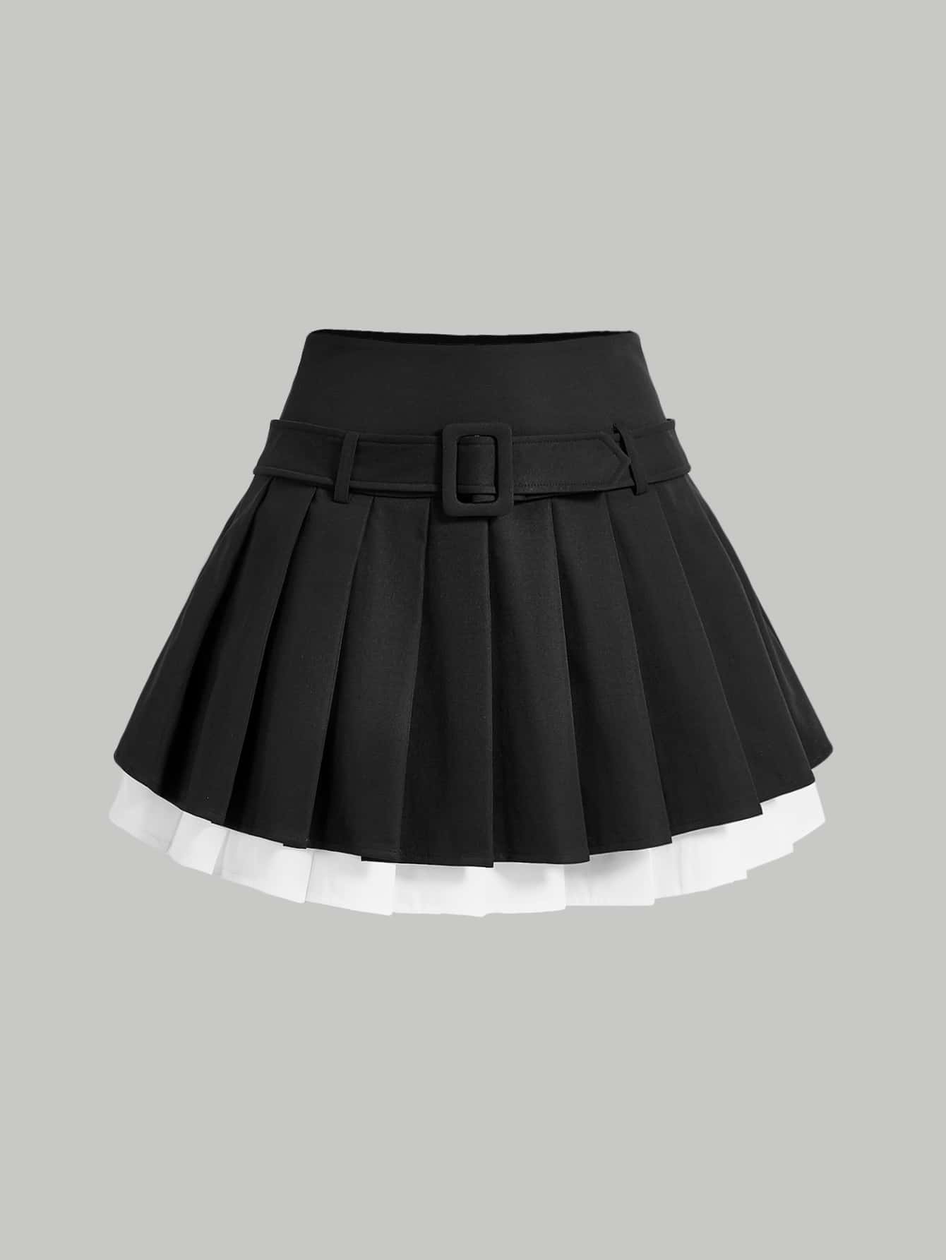 SHEIN MOD Two Tone Pleated Belted Skirt - Black - View 1