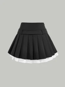 SHEIN MOD Two Tone Pleated Belted Skirt - Black - View 2