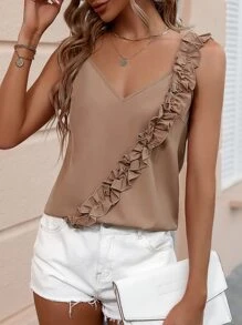 SHEIN VCAY 荷葉邊吊帶上衣 - 卡其色 - 查看 1