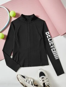 Letter Graphic Thumbholes Zip Up Sports Jacket - Black - View 8