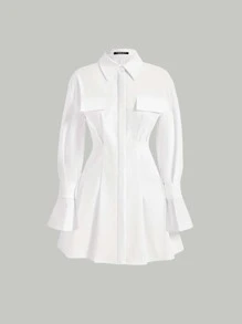 SHEIN MOD Đầm Túi Nút phía trước màu trơn Giải trí - trắng - Xem 1