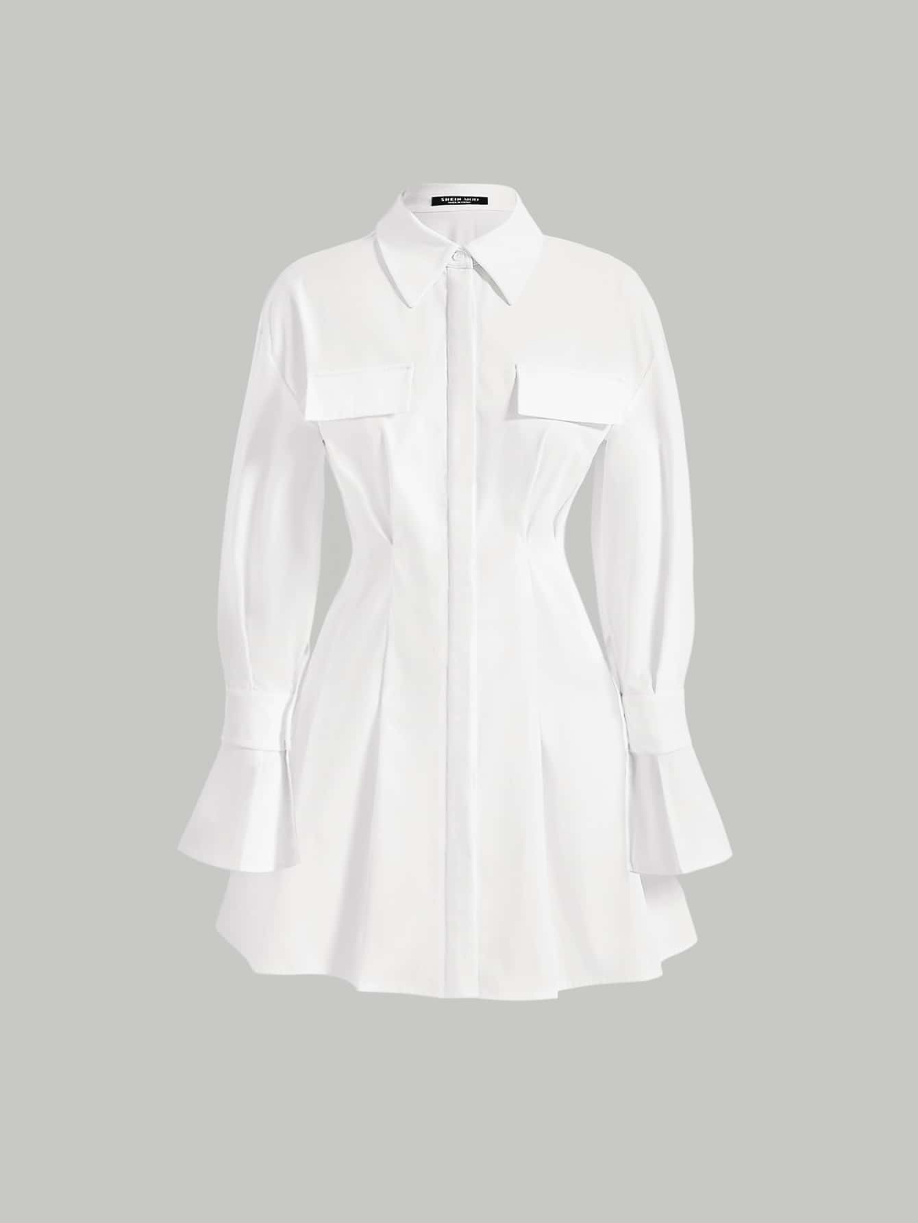 SHEIN MOD Đầm Túi Nút phía trước màu trơn Giải trí - trắng - Xem 1