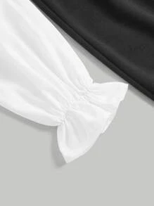 SHEIN MOD 胸部褶皺下擺開叉雙色連衣裙 - 黑色 - 查看 3