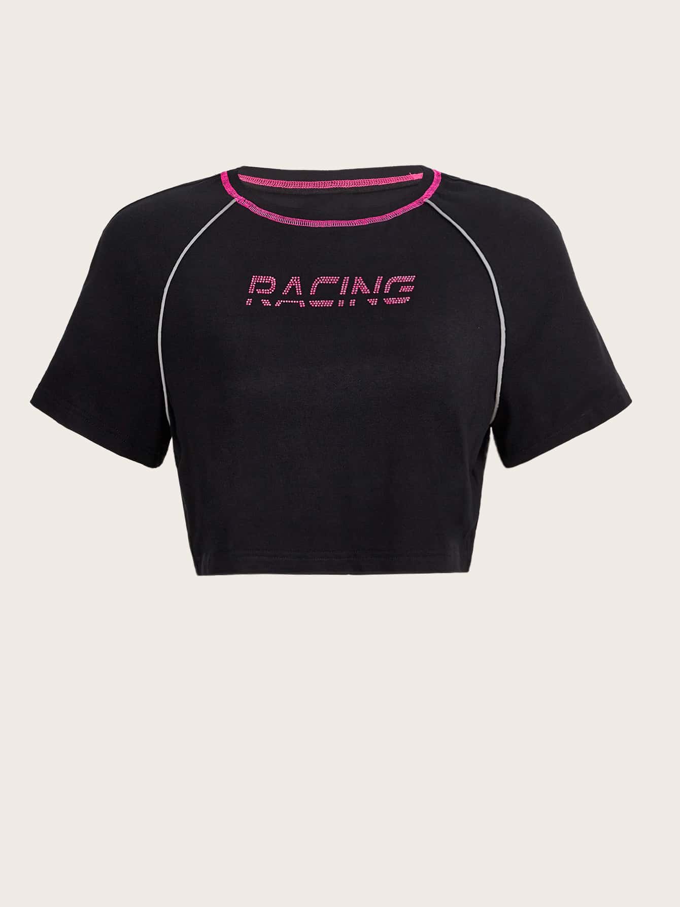 SHEIN ICON Bikercore Letter Graphic Contrast Piping Crop Tee - Black - View 1