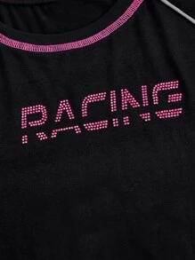 SHEIN ICON Bikercore Letter Graphic Contrast Piping Crop Tee - Black - View 3