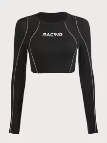 SHEIN ICON Bikercore Letter Graphic Contrast Mesh Crop Tee - Black - View 1