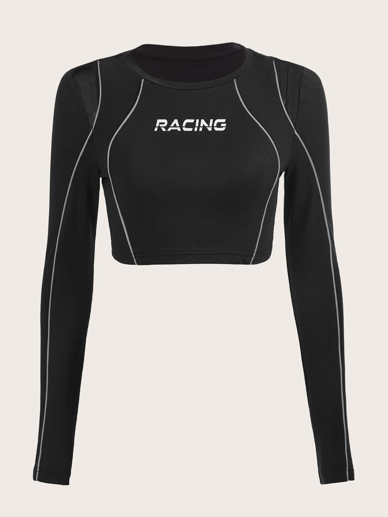 SHEIN ICON Bikercore Letter Graphic Contrast Mesh Crop Tee - Black - View 1