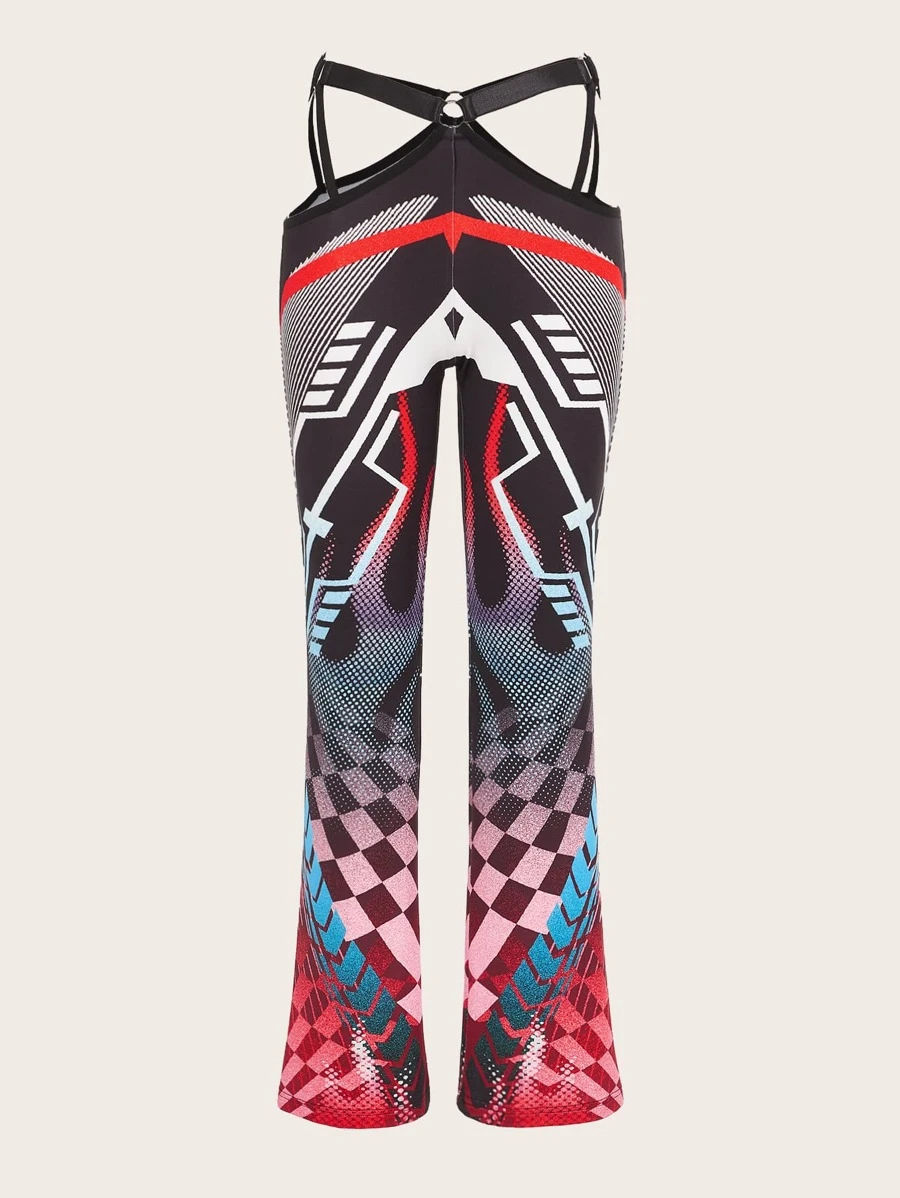SHEIN ICON Bikercore Geo Print Flare Leg Trousers - Multicolor - View 1