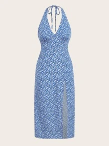 SHEIN VCAY Ditsy Floral High Split Halter Dress - Baby Blue - View 1