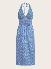 SHEIN VCAY Ditsy Floral High Split Halter Dress - Baby Blue - View 2