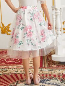 SHEIN Girls 1pc Floral Print Mesh Overlay Skirt - Multicolor - View 3